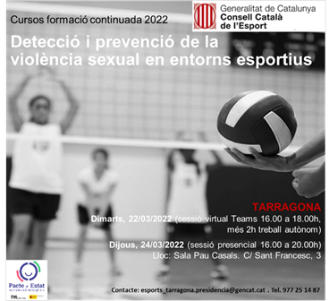 CURS “Detecció i prevenció de la violència sexual en entorns esportius” 22 i 24/03/22  (TARRAGONA)